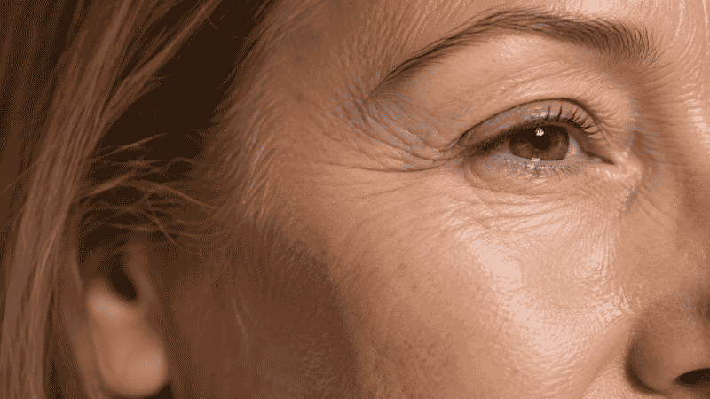 Close-up of mature skin texture showing natural fine lines and collagen changes after 35