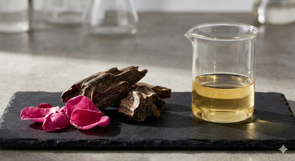 An editorial luxury shot showing raw Oud wood, pink Damask rose petals, and a minimalist laboratory glass beaker, representing the chemistry of high-end perfumery at Beaudoré.