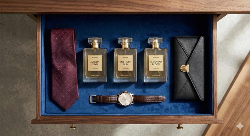 A luxury editorial photo of raw oud wood and rose petals next to a laboratory beaker, representing the science of skin chemistry and fragrance.