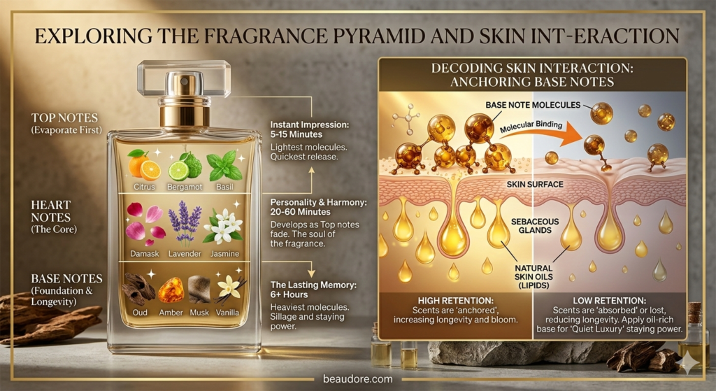 A professional infographic illustrating the fragrance pyramid (Top, Heart, and Base notes) and a scientific diagram showing how base note molecules anchor to skin lipids for long-lasting sillage.