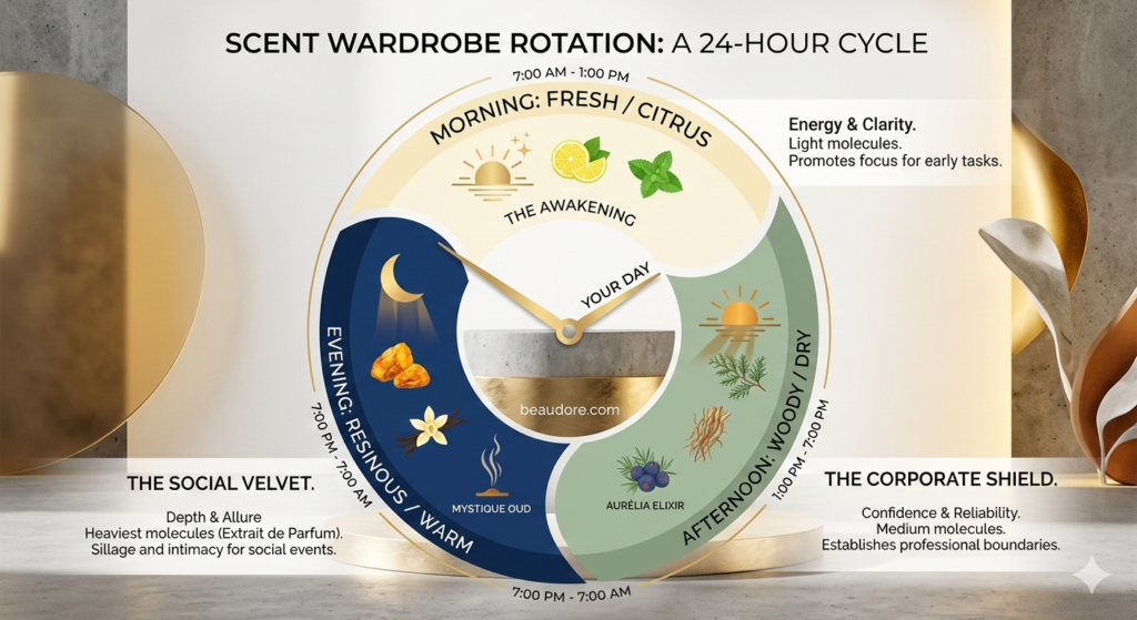 An infographic showing the fragrance pyramid and a scientific diagram of how base notes like amber and musk interact with skin oils for longevity.