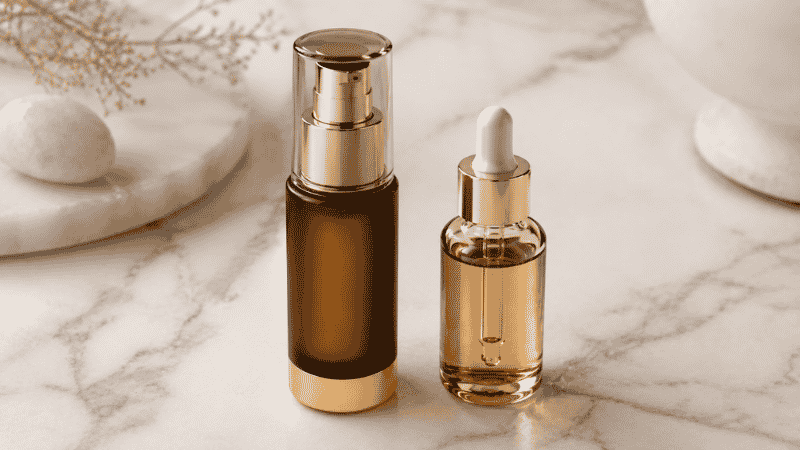 Luxury airless pump retinol serum beside standard dropper bottle — comparing high-end and budget retinol formulations for mature skin