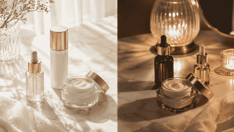 Morning and evening luxury skincare routine layout for improving skin elasticity — vitamin C, SPF, retinol and ceramide cream