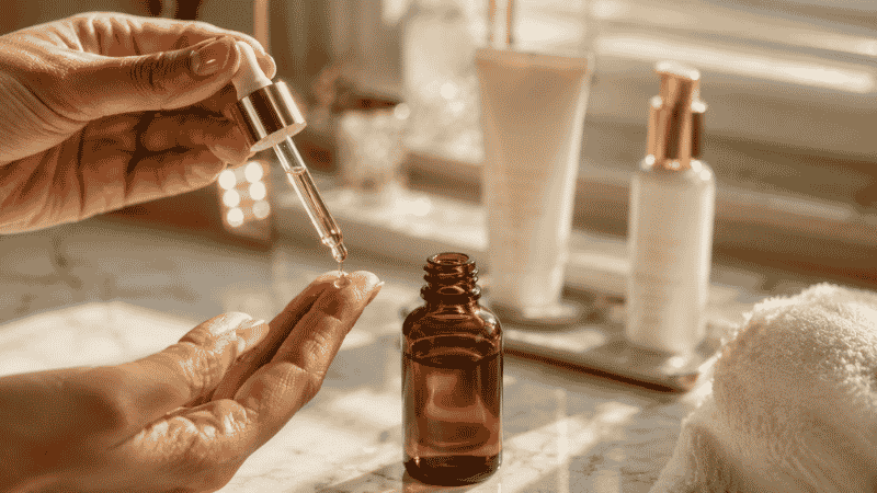 Applying luxury Vitamin C serum as part of a morning skincare routine for aging skin