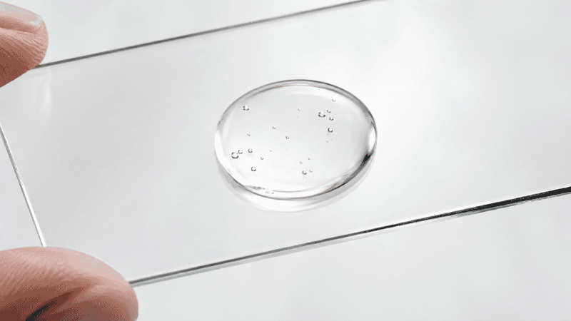Close-up of a peptide serum drop on glass — the science behind signal peptides, copper peptides and Argireline for skin