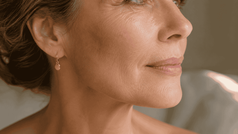 Mature woman's cheekbone and jawline showing natural signs of collagen loss — subtle volume reduction and skin firmness changes