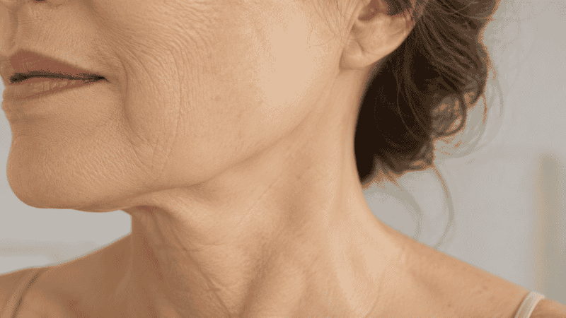 Close-up of mature skin along the jawline showing natural elasticity changes with age