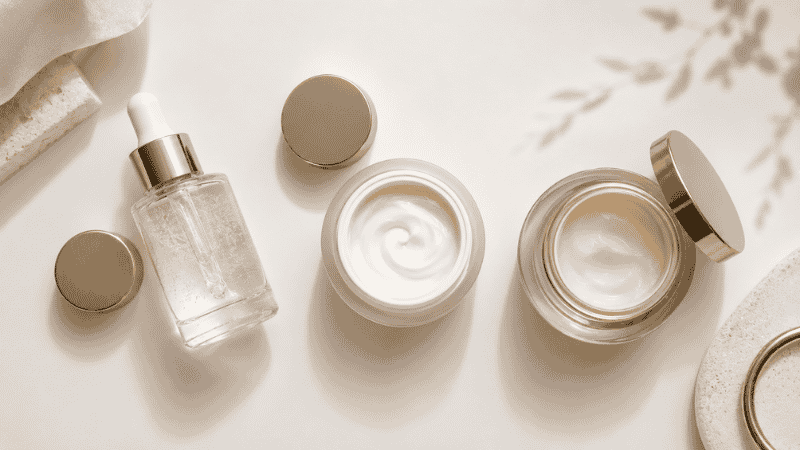 Three luxury skincare products representing skincare routines for women in their 30s, 40s, and 50s