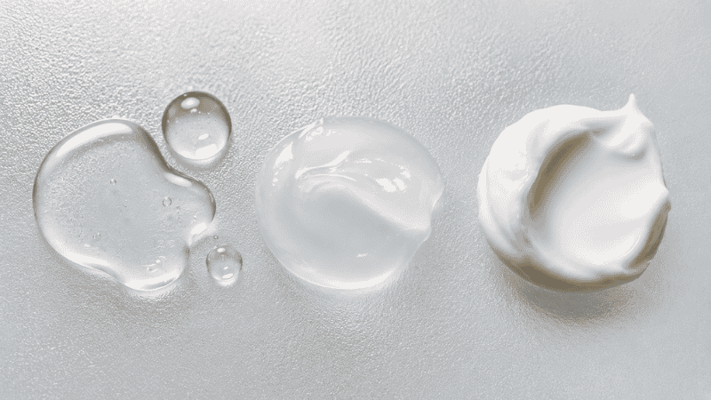 Three skincare textures from thin serum to thick cream showing the correct thin-to-thick layering order logic
