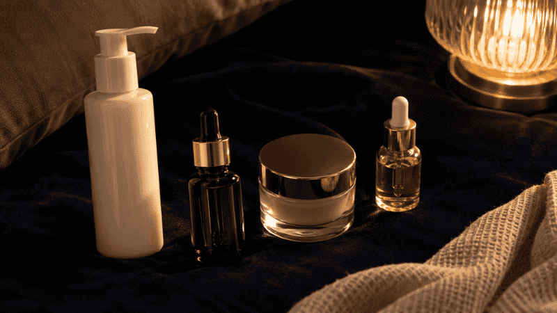 Evening skincare routine sequence showing when to use retinol — cleanser, retinol serum, ceramide moisturiser and face oil