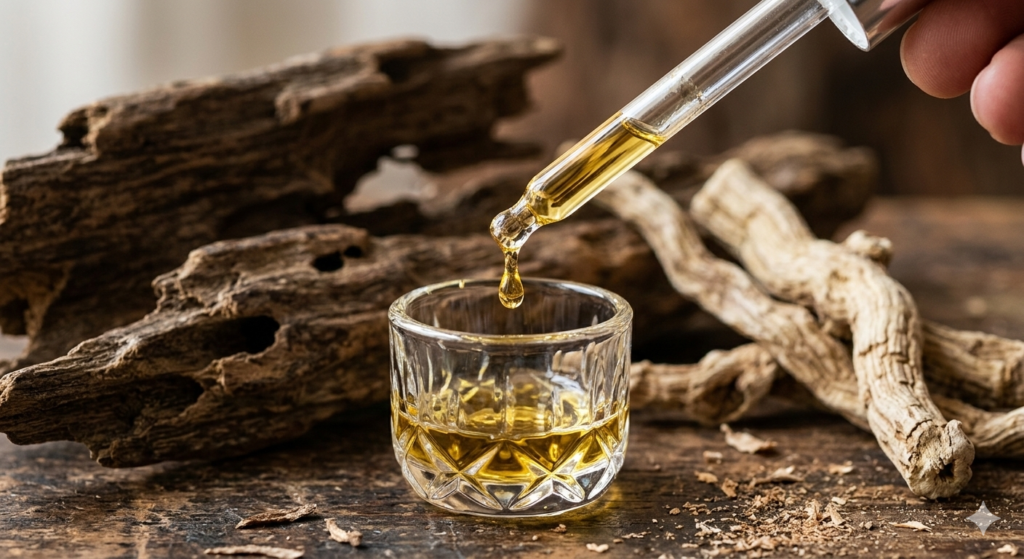 A macro shot of a pipette dropping golden essential oil into a beaker surrounded by agarwood and orris roots, representing the artisanal extraction process of luxury Beaudore fragrances.