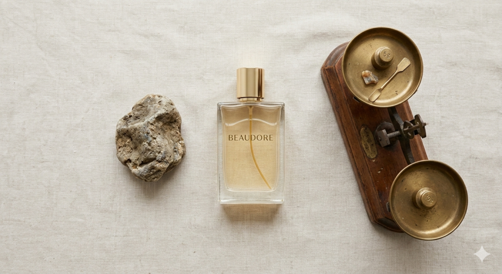 A minimalist flat-lay of a Beaudore perfume bottle next to unpolished raw Ambergris and a vintage wooden scale to illustrate the rarity of niche perfume ingredients.