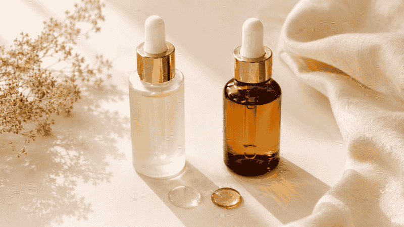Bakuchiol serum in frosted glass beside bakuchiol oil in amber dropper with product drops showing texture difference — bakuchiol oil vs serum comparison for mature skin