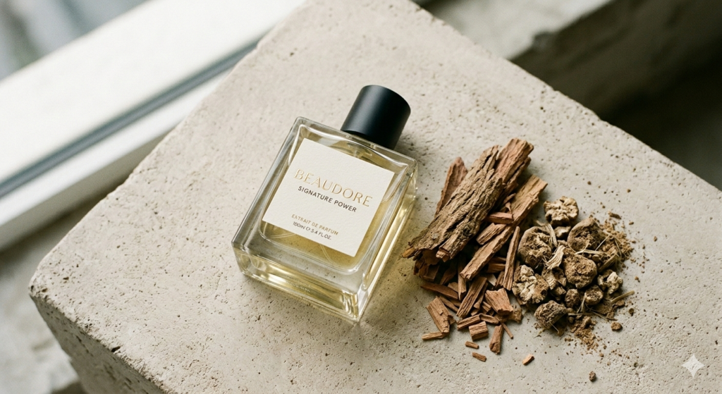 A luxury glass perfume bottle labeled Beaudore Signature Power, placed on a stone surface next to natural sandalwood bark and crushed iris roots to illustrate niche fragrance ingredients.