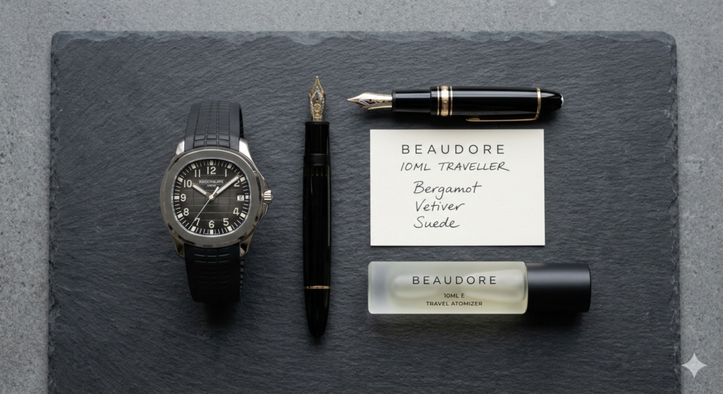 A minimalist flat-lay of an executive's EDC including a luxury watch, fountain pen, and a Beaudore 10ml travel fragrance atomizer on a slate background.