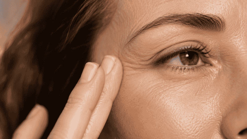Mature woman's eye area with natural crow's feet — how to reduce eye wrinkles with peptide eye cream and targeted skincare