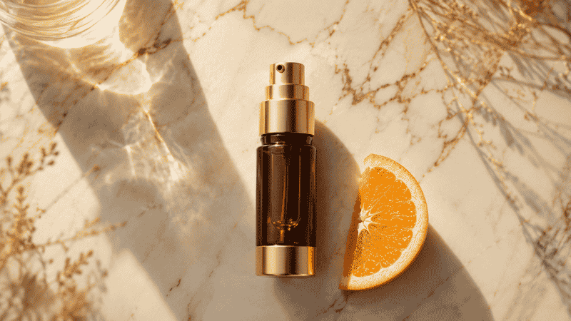 Luxury vitamin C serum in dark amber airless pump bottle beside fresh orange slice on warm marble — how to use vitamin C serum guide for mature aging skin
