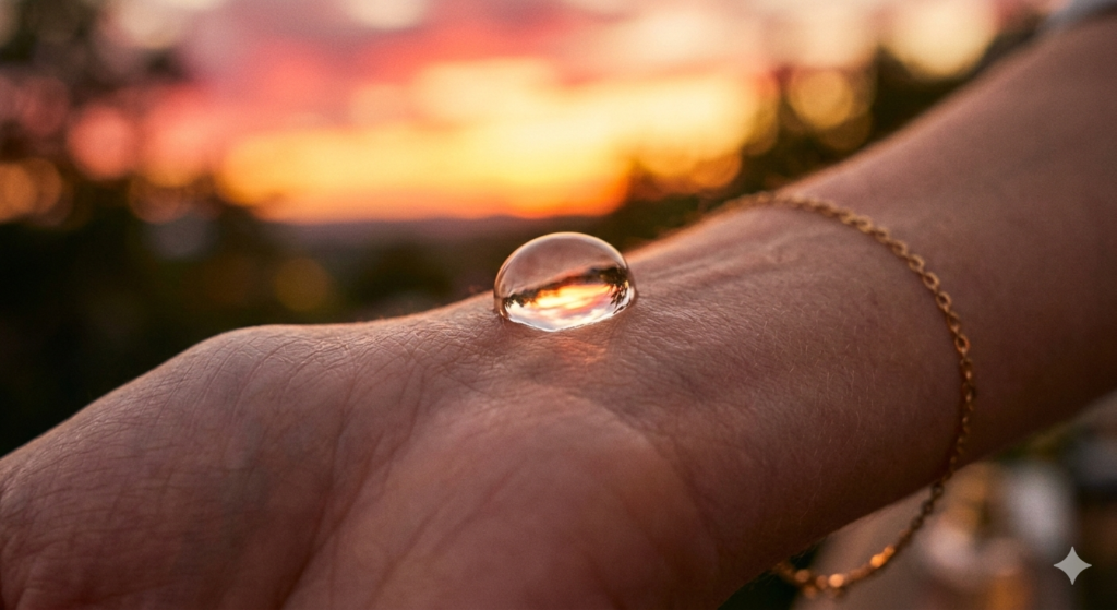 Macro photography of a clear fragrance oil droplet on a human wrist, reflecting golden sunset light, symbolizing scent longevity and skin chemistry interaction.