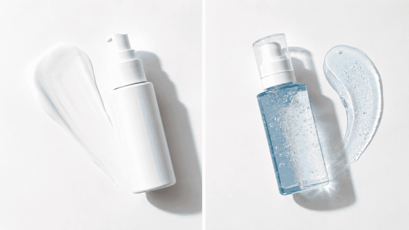 Luxury mineral sunscreen beside chemical sunscreen — mineral vs chemical sunscreen comparison for aging skin