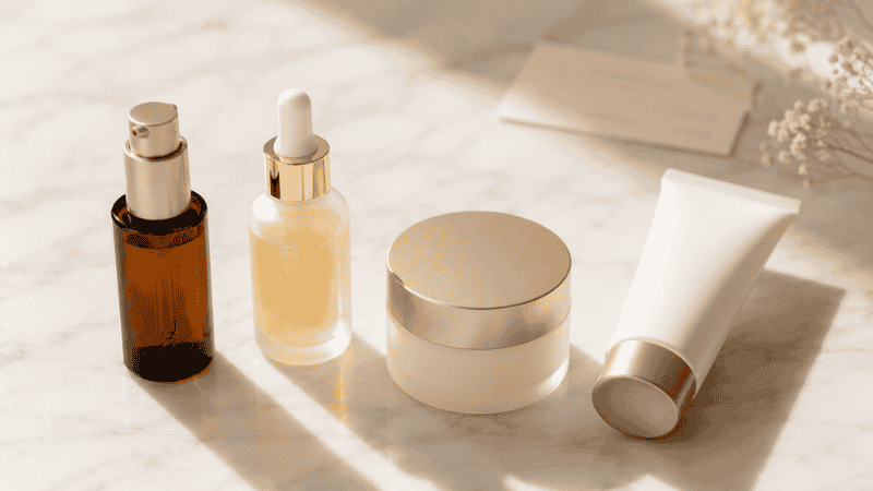 Four luxury anti-wrinkle skincare products with space suggesting professional guidance — when topical skincare has reached its limit for forehead wrinkles