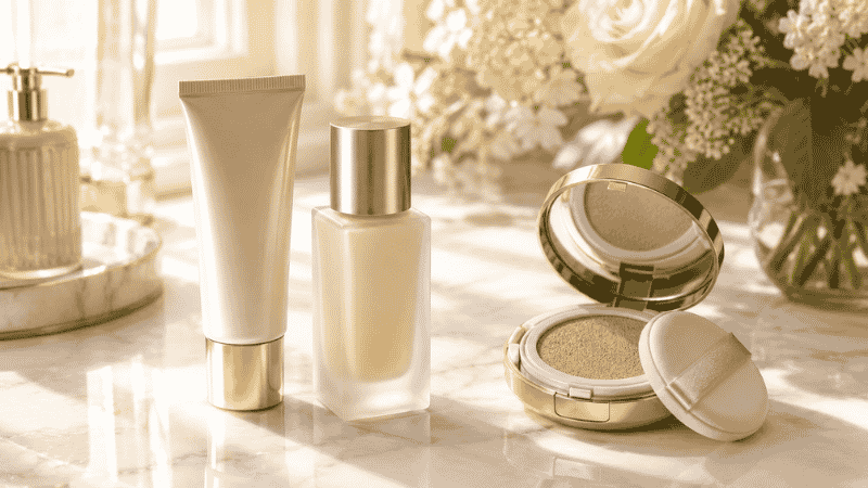 Three luxury mineral sunscreen options for aging skin — tinted SPF, fluid mineral sunscreen and cushion compact for mature skin routine