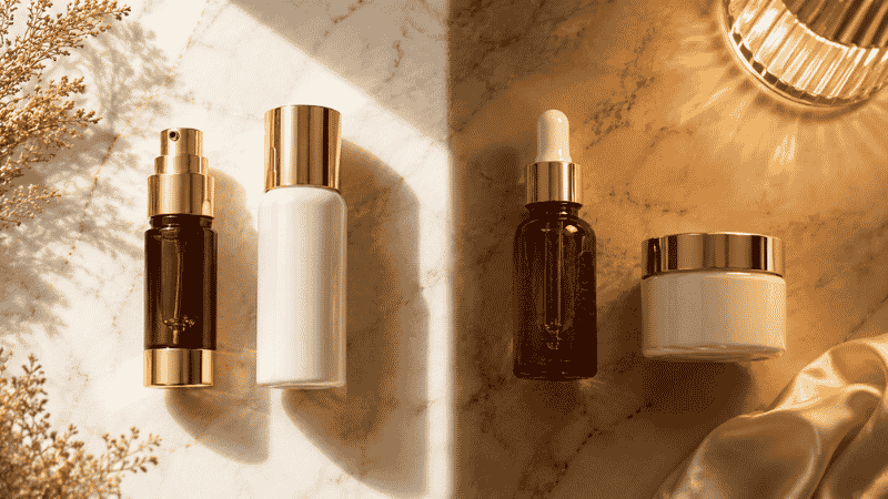 Vitamin C serum and SPF on left in morning light beside retinol and ceramide on right in evening light — how to use vitamin C and retinol together in a morning and evening split routine
