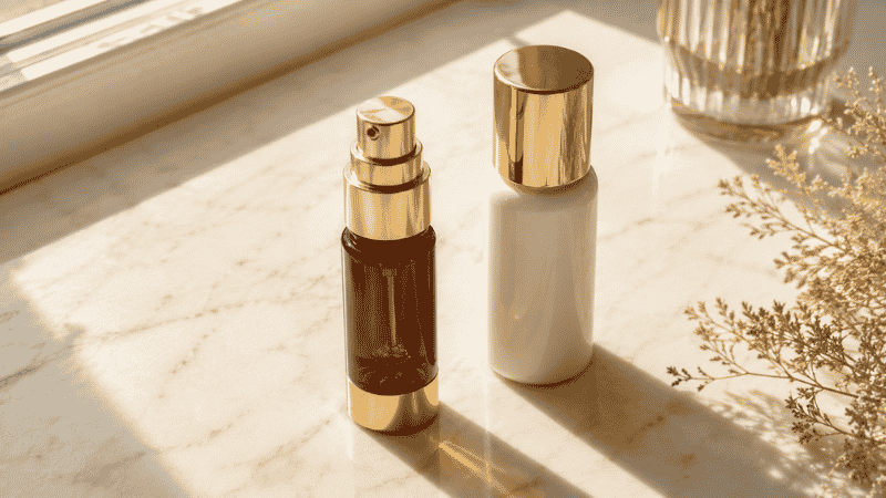 Luxury vitamin C serum and SPF bottle in warm morning sunlight — why vitamin C serum morning application is essential for anti-aging photoprotection