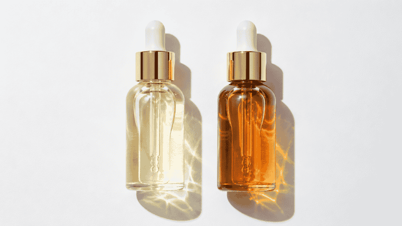 Two vitamin C serum vials side by side — fresh pale yellow versus oxidised amber-orange showing how to identify vitamin C serum oxidation