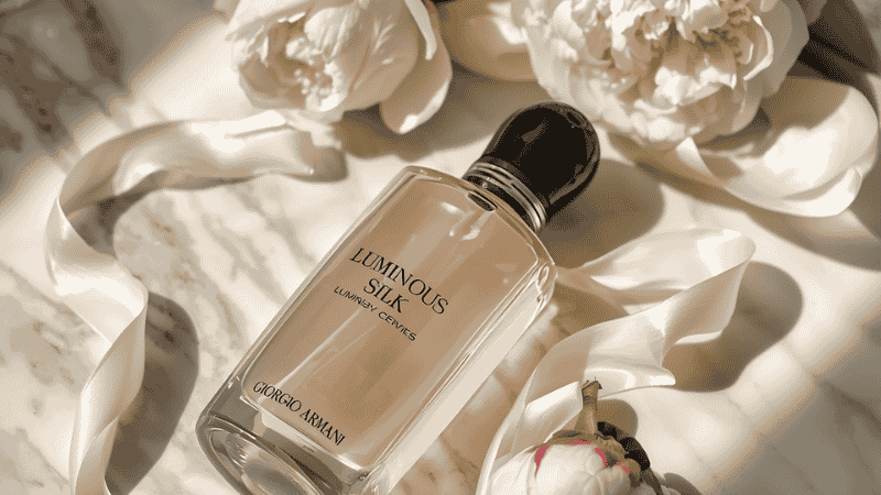 A sleek glass bottle of Giorgio Armani Luminous Silk Foundation resting on a sun-drenched marble vanity, surrounded by fresh white peonies and delicate silk ribbons in soft morning light.
