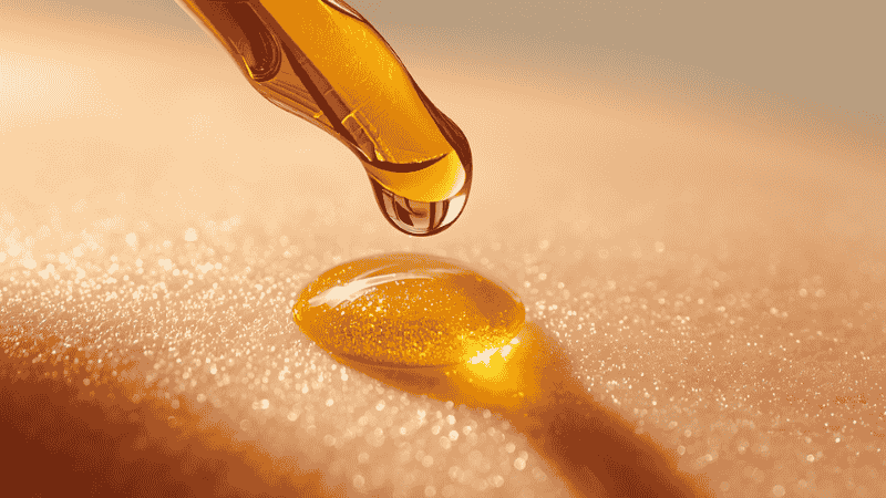 A macro close-up shot of a glass dropper dispensing a single golden drop of active botanical face oil onto a patch of glowing, perfectly hydrated bare skin.