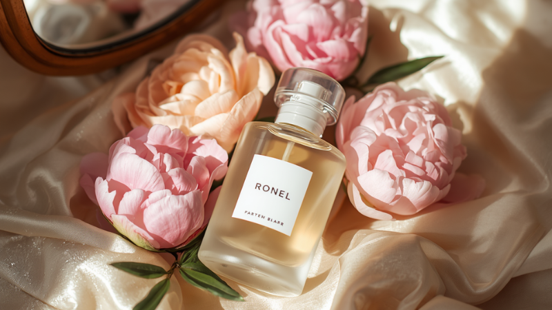 A minimalist luxury vanity featuring a frosted glass niche perfume bottle, delicate pink peonies, and draped silk fabric, illuminated by soft natural morning sunlight.
