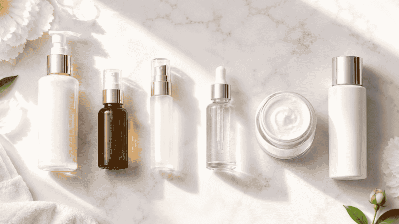 Six luxury skincare products in morning routine sequence on white marble — the complete luxury morning skincare routine for women in their 30s with vitamin C and SPF