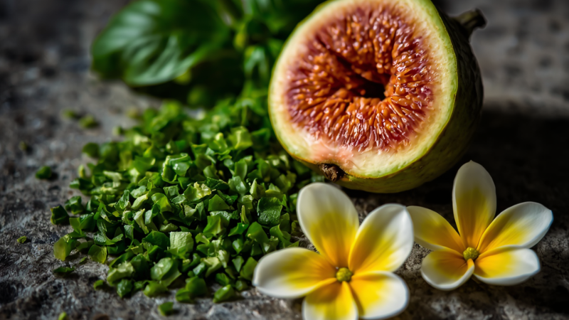 An artistic flat lay of raw niche perfume ingredients including crushed green basil leaves, a sliced ripe fig, and fresh white neroli blossoms on a natural stone surface.