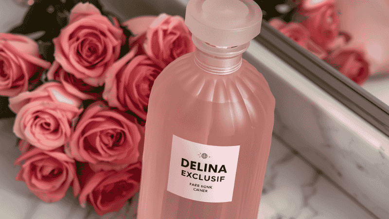 A heavy, frosted pink glass bottle of Parfums de Marly Delina Exclusif perfume resting on a white marble vanity next to a bouquet of fresh Turkish roses and luxury gold accessories