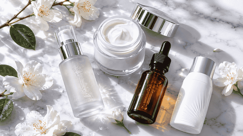 Luxury niacinamide, ceramide, retinol and SPF skincare products on white marble with white flowers — perimenopause acne skincare routine for hormonal breakouts after 40