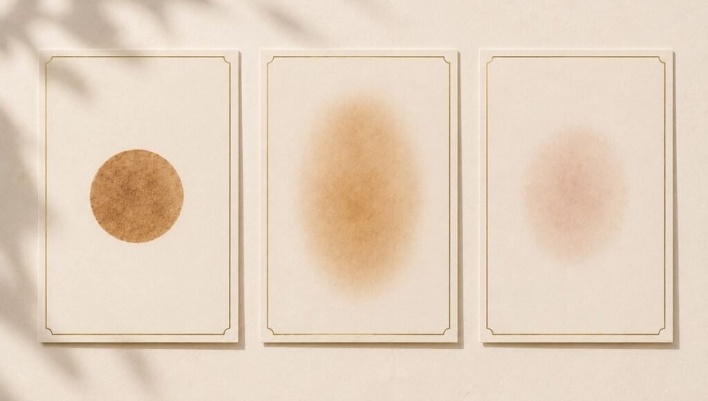 Three ivory cards showing brown age spot tan melasma and pink post-inflammatory marks — age spots treatment guide distinguishing solar lentigo melasma and PIH in mature skin