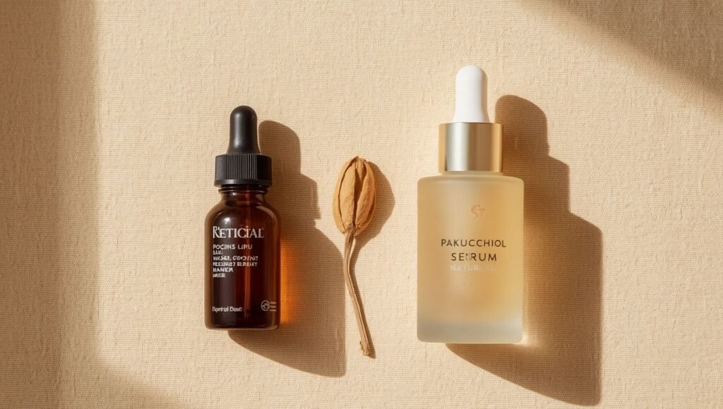 Retinol serum beside bakuchiol serum with dried botanical on ivory linen — bakuchiol for sensitive skin as a gentle clinically supported alternative to retinol for mature women
