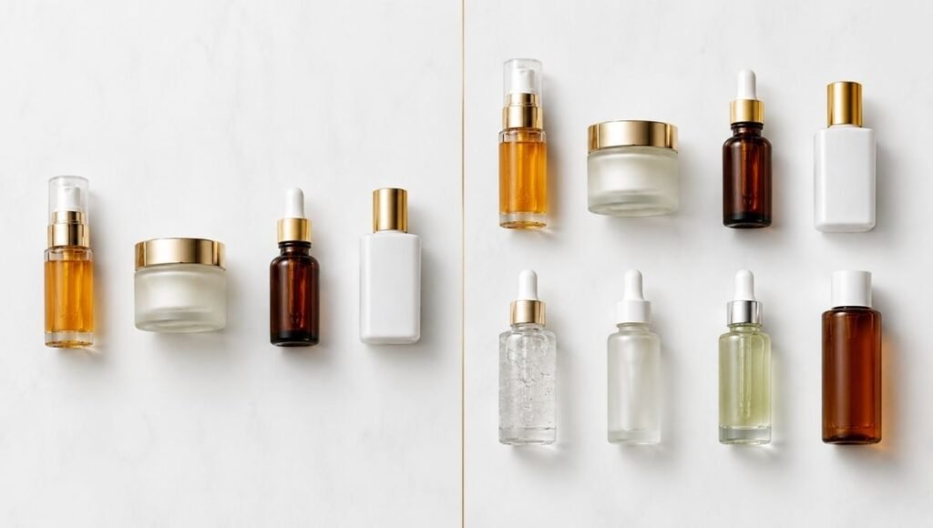 Four essential skincare products beside eight complete routine products separated by gold line — building a skincare routine for mature skin from minimum effective to complete expanded approach