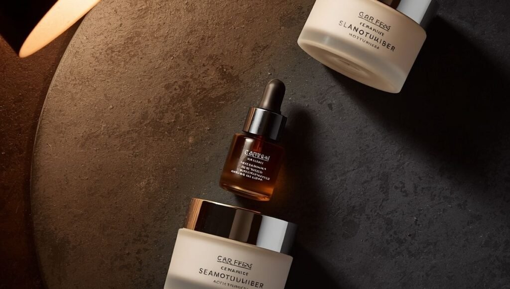 Ceramide moisturiser, retinol serum and ceramide again in sandwich stack on dark surface — the ceramide sandwich method for introducing retinol to sensitive mature skin