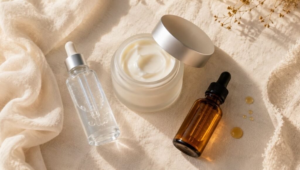 Luxury ceramide moisturiser, hyaluronic acid serum and squalane oil on warm ivory linen — dry aging skin three-layer hydration system for mature skin after 40