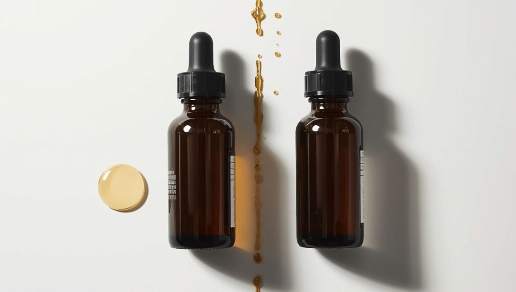 Two retinol bottles showing large single drop versus small gradual drops — encapsulated retinol for sensitive skin showing gradual release versus standard immediate concentration