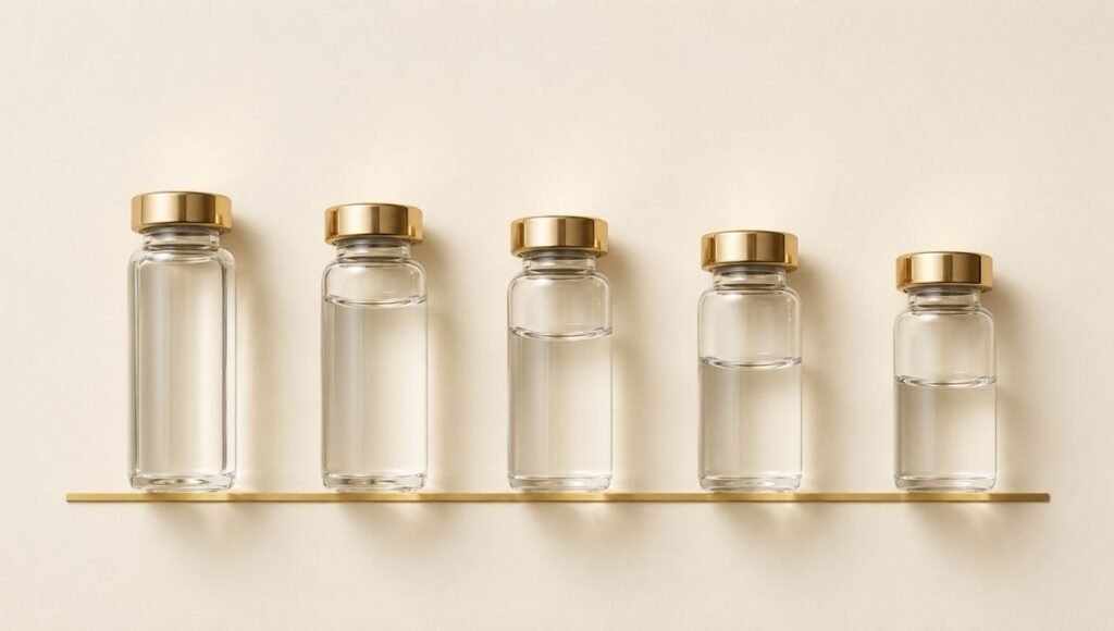 Five glass vials in descending fill level on ivory surface — how mature skin changes after 35 including collagen decline, slower turnover and reduced ceramide production