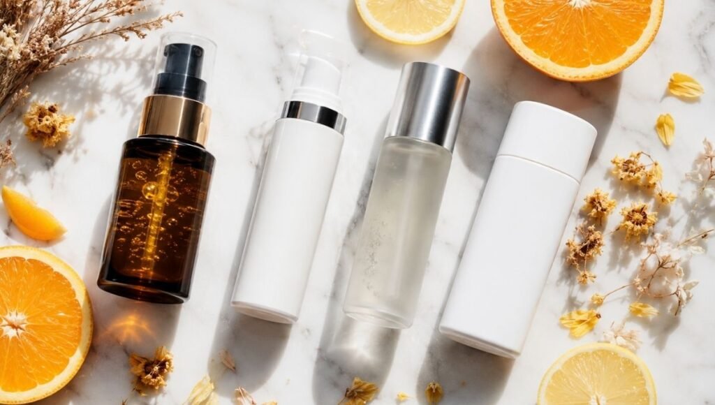 Luxury vitamin C serum, niacinamide, azelaic acid and SPF with citrus slices on white marble — how to brighten skin complete science guide for dark spots and uneven tone in mature women