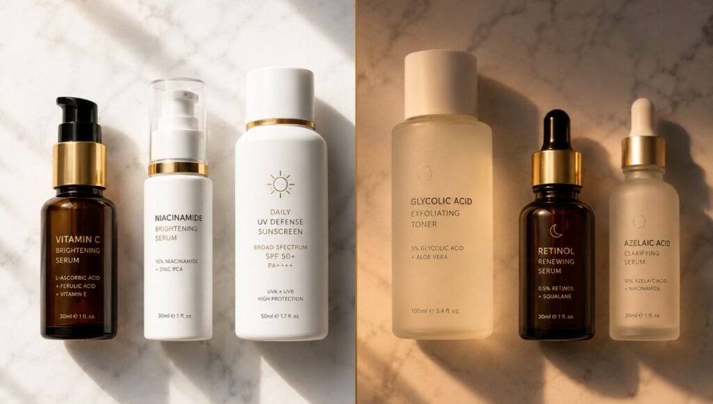 Morning vitamin C niacinamide SPF beside evening glycolic retinol azelaic on marble — the complete protocol for how to even skin tone with morning prevention and evening pigmentation clearing