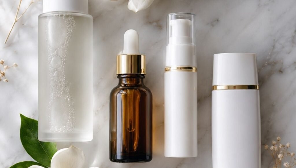 Luxury glycolic acid toner, retinol serum, niacinamide and SPF arranged with white gardenias on white marble — how to improve skin texture complete guide for mature aging skin