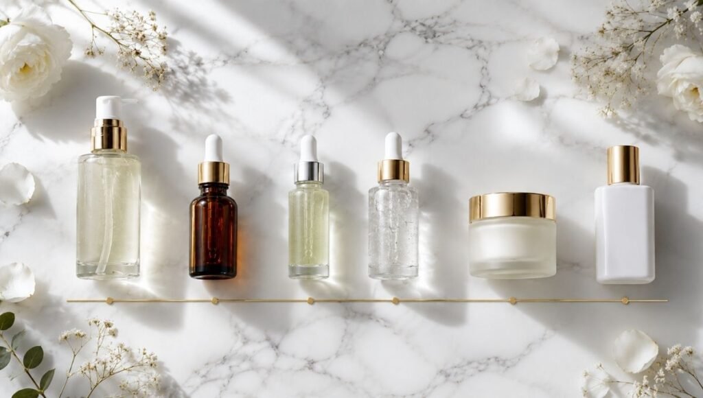 Six luxury skincare products in precise morning sequence connected by gold line on white marble — how to layer skincare ingredients for mature skin in the correct order