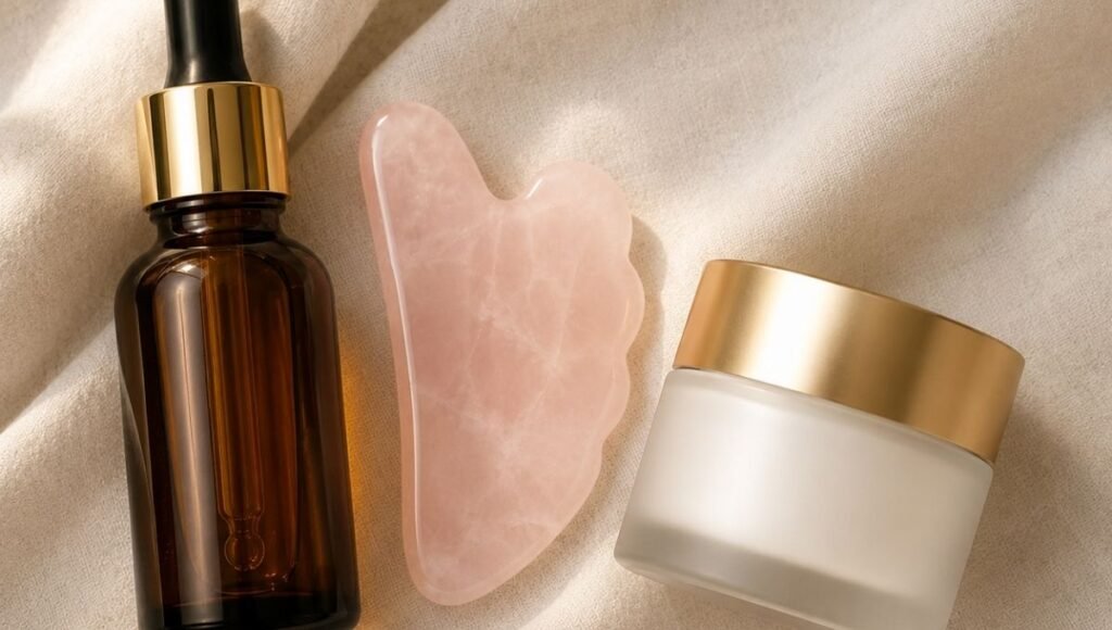 Firming peptide serum, rose quartz gua sha and ceramide moisturiser on ivory linen — how to lift sagging cheeks with targeted lower face approach using skincare and facial massage