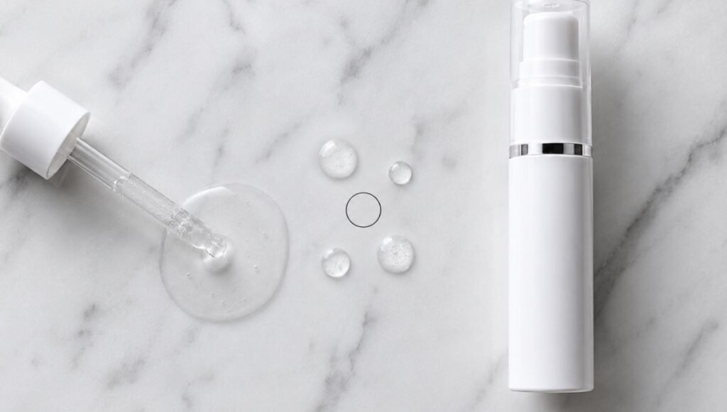 Salicylic acid dropper and niacinamide serum beside pore diagram on white marble — how to minimize pores with pore-clearing and sebum regulation for mature aging skin