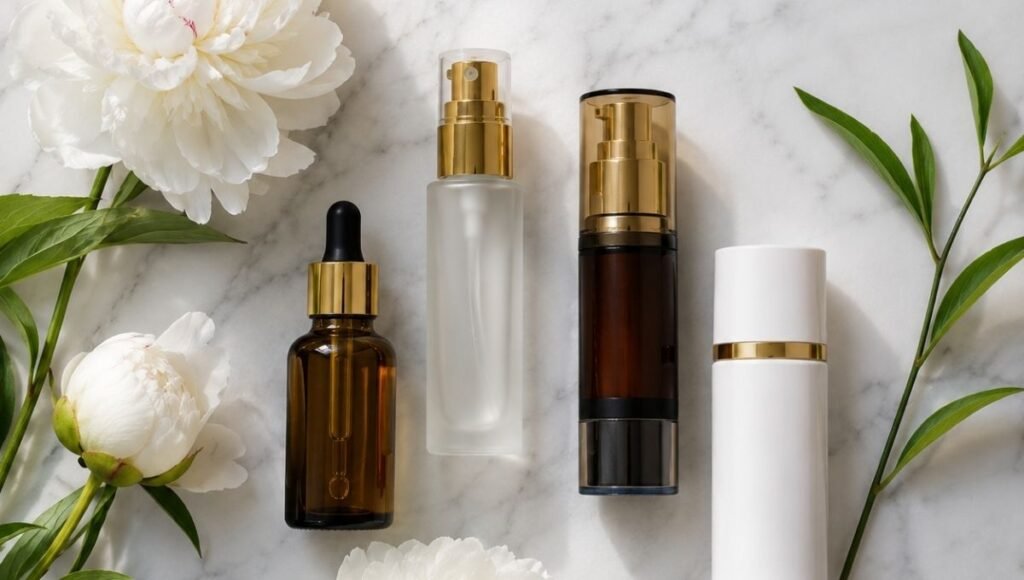 Luxury retinol serum, peptide serum, vitamin C and SPF arranged with white peonies on marble — how to tighten skin on face complete science-led guide for mature women over 40