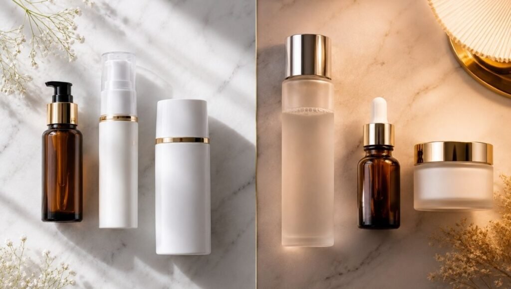 Morning vitamin C niacinamide and SPF beside evening glycolic retinol and ceramide on white marble — the complete luxury skincare routine for skin texture improvement in mature women